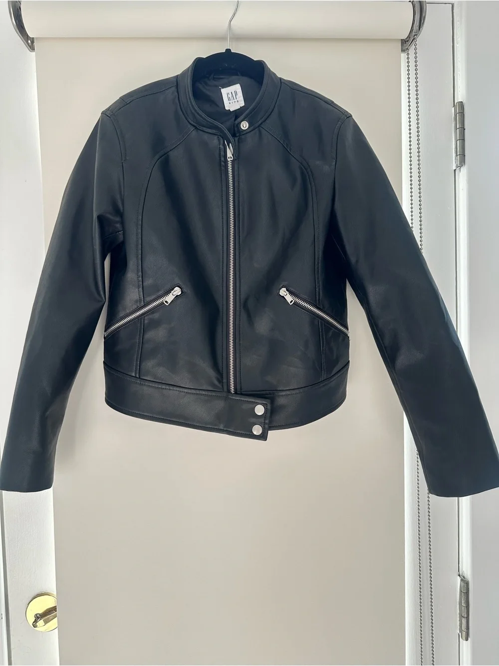 GAP Kids Black Faux Leather Moto Jacket with Snap Hem